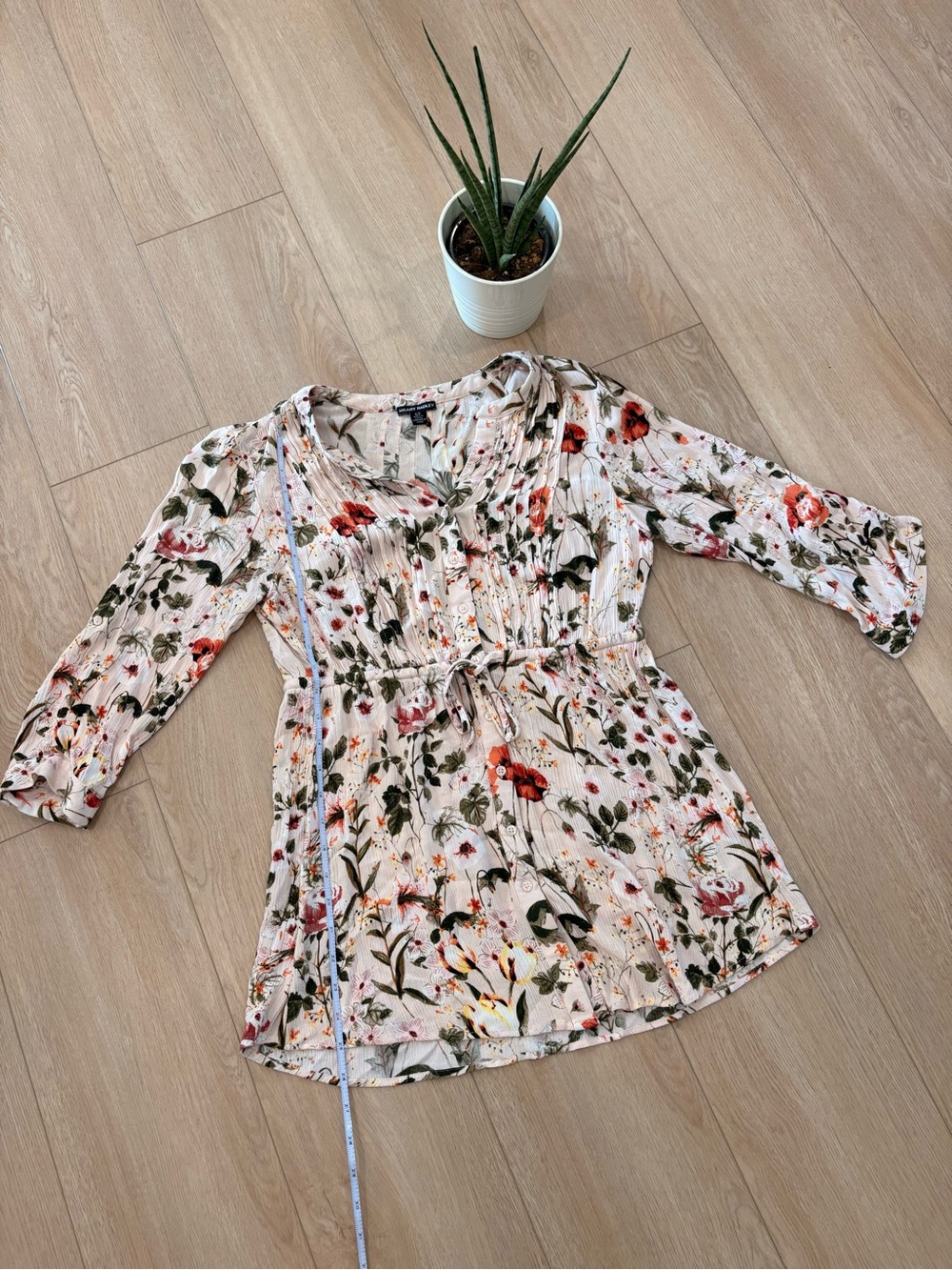 Hilary Radley Cream Floral Tie-Waist Tunic with Green and Red Accents
